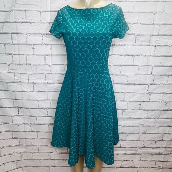 Leota Womens Teal Polka Dot Short Sleeve Scoop Back Fit & Flare Dress Size Small - Picture 1 of 9